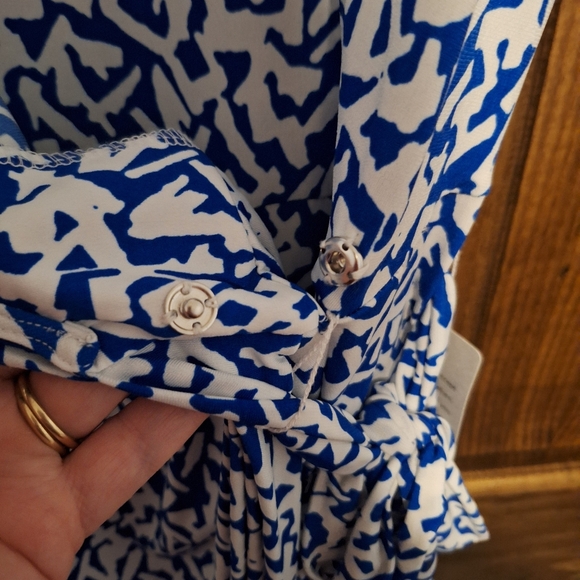 Maggy London Blue and White Patterned Midi Wrap Dress With Tie And Snap Size 14 - Picture 5 of 7